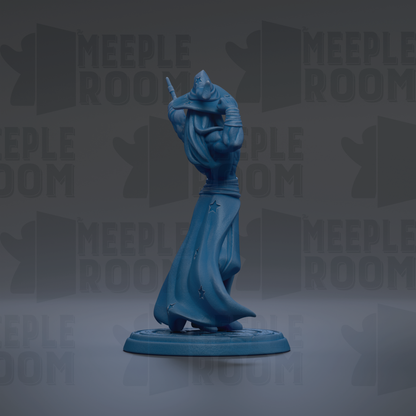 A blue figurine of a person holding a sword and shield, standing on a circular base.