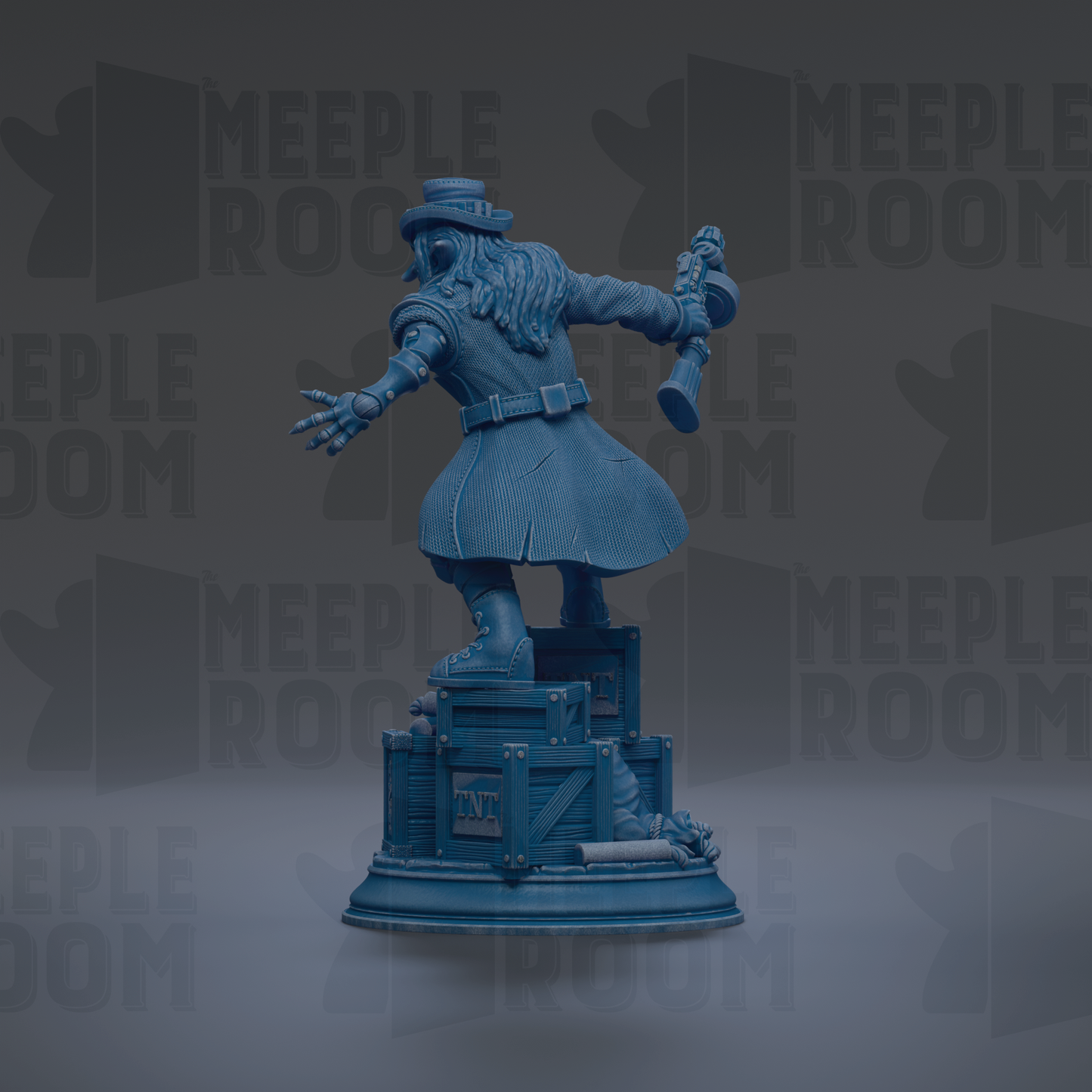 A blue statue of a person with long hair and a top hat, holding a trumpet, stands on a platform against a dark background with repeated text.