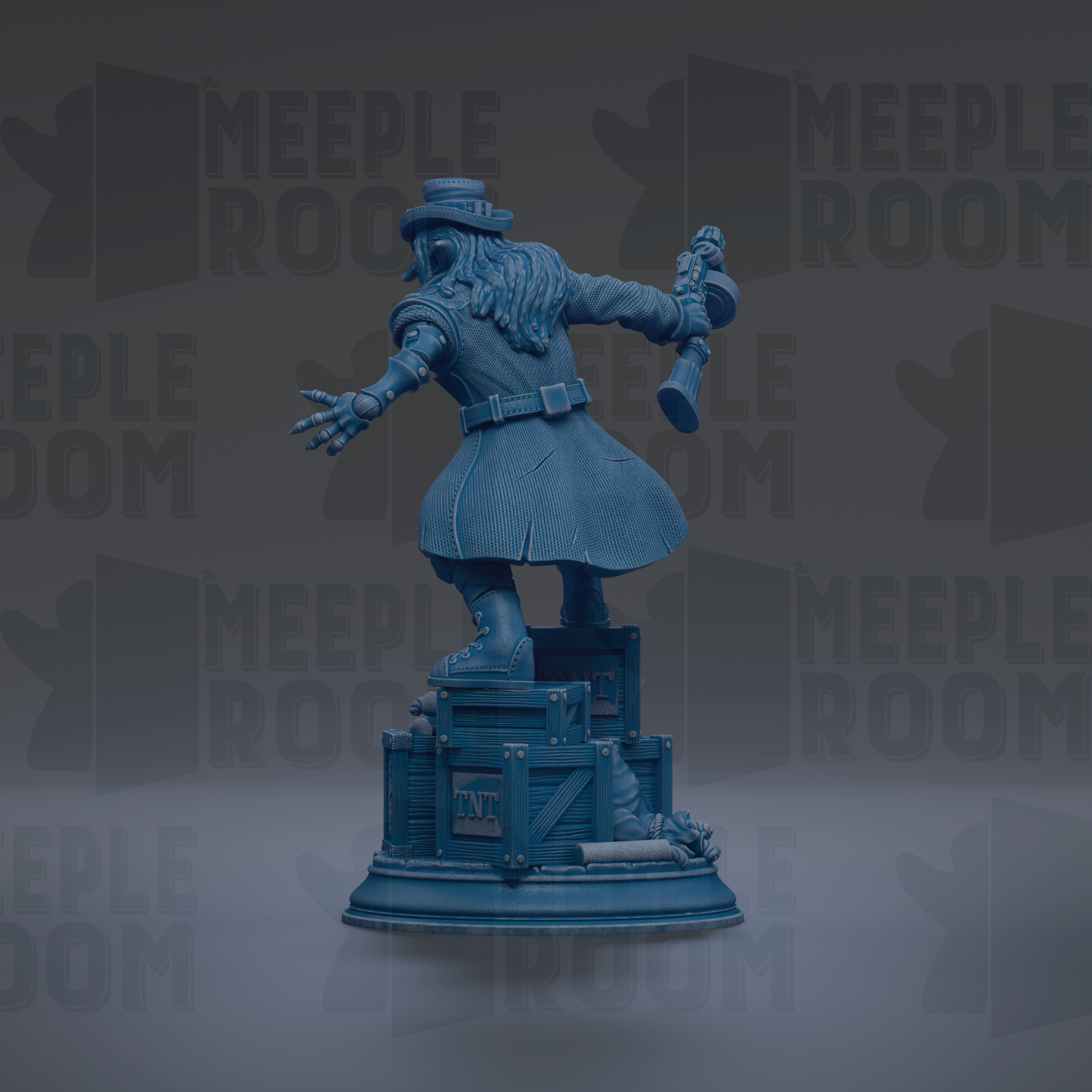A blue statue of a person with long hair and a top hat, holding a trumpet, stands on a platform against a dark background with repeated text.