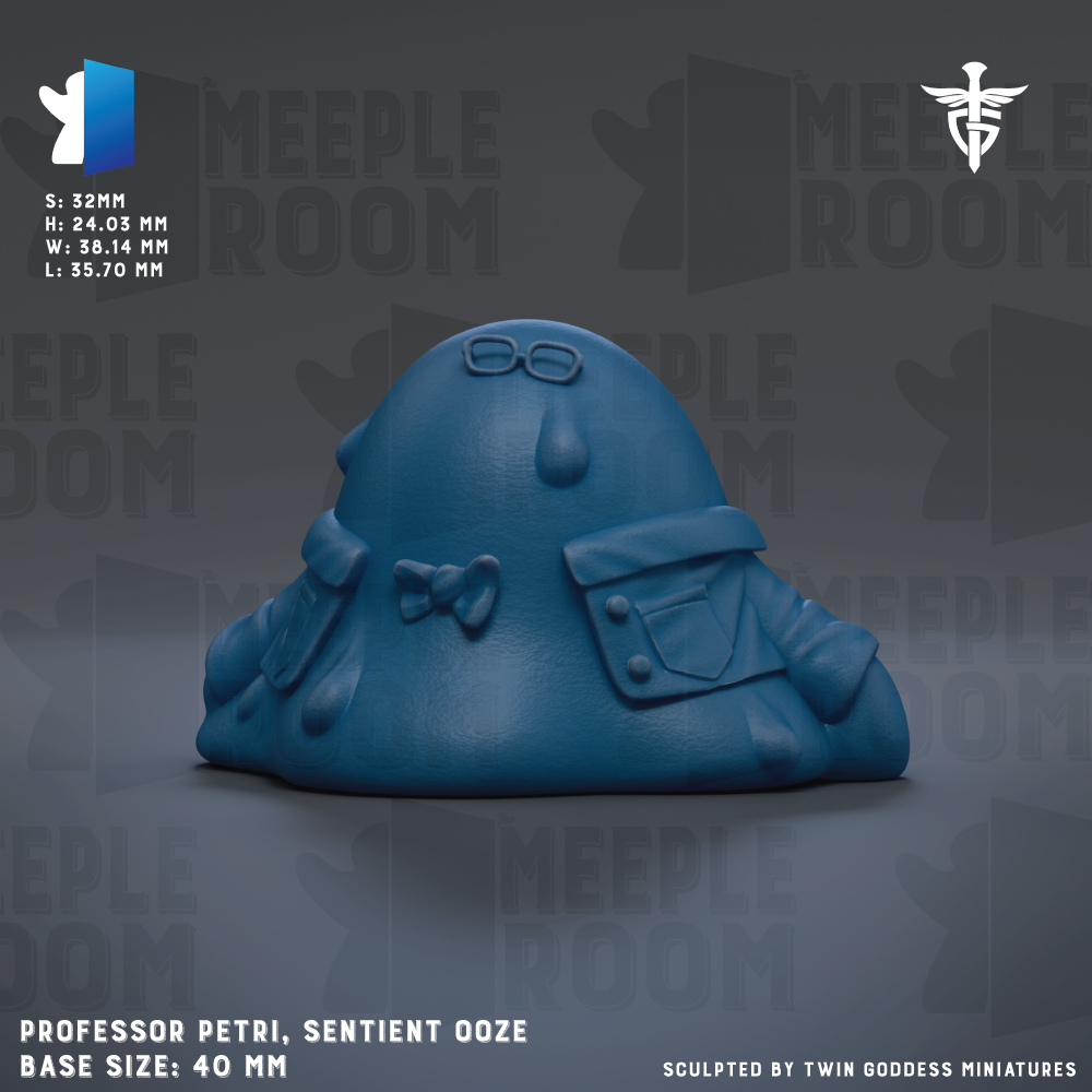 a blue, 3D-rendered character resembling a professor or a character with a bow tie. The character is sitting on a surface, and the image is described as a "base size: 40 mm".