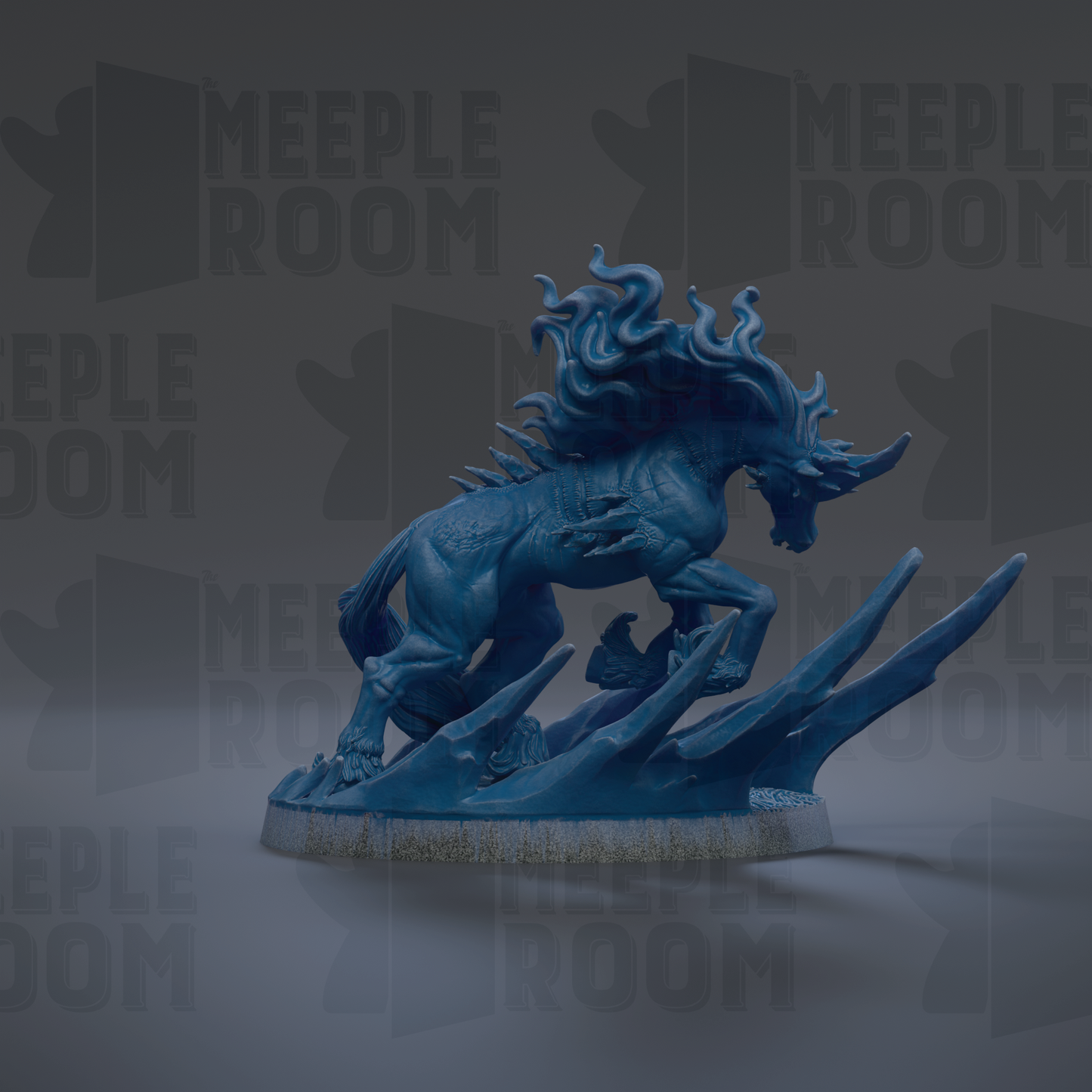 A blue, fantastical creature resembling a dragon or unicorn is depicted in the image.
