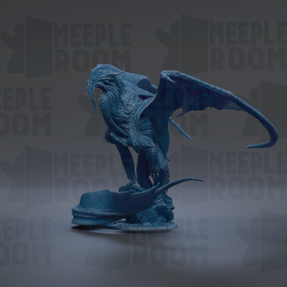 A blue dragon statue with outstretched wings, standing on a platform against a dark background.