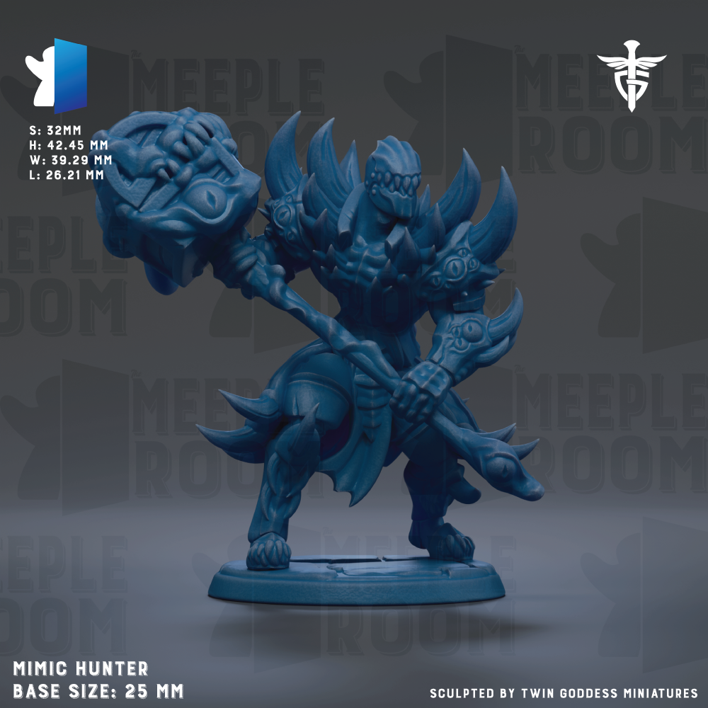 a figurine of a warrior-like character, specifically a Mimi Hunter, with a base size of 25mm.