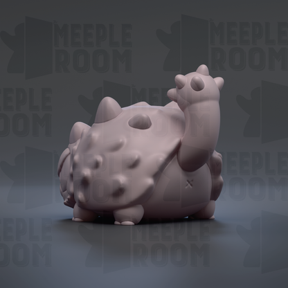A 3D rendering of a small, light-colored, cartoonish creature with a large head and a small body, sitting on a surface.