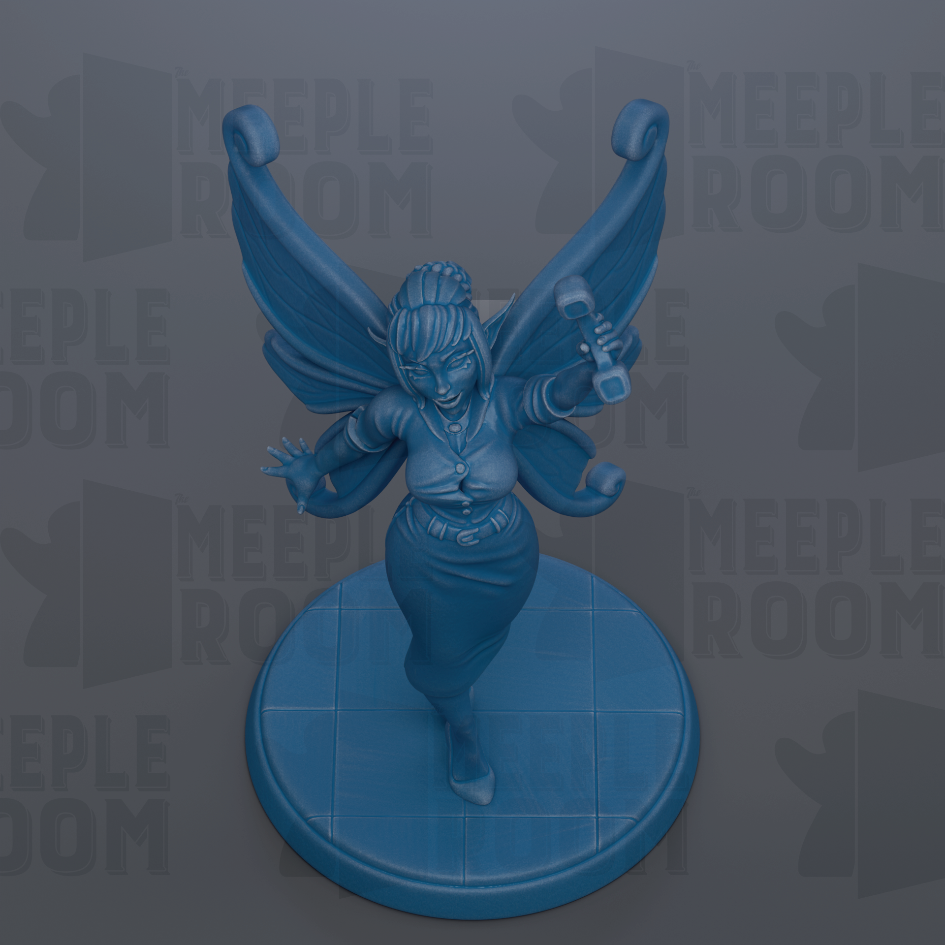 A blue fairy figurine with wings and a phone in her hand, standing on a blue base.