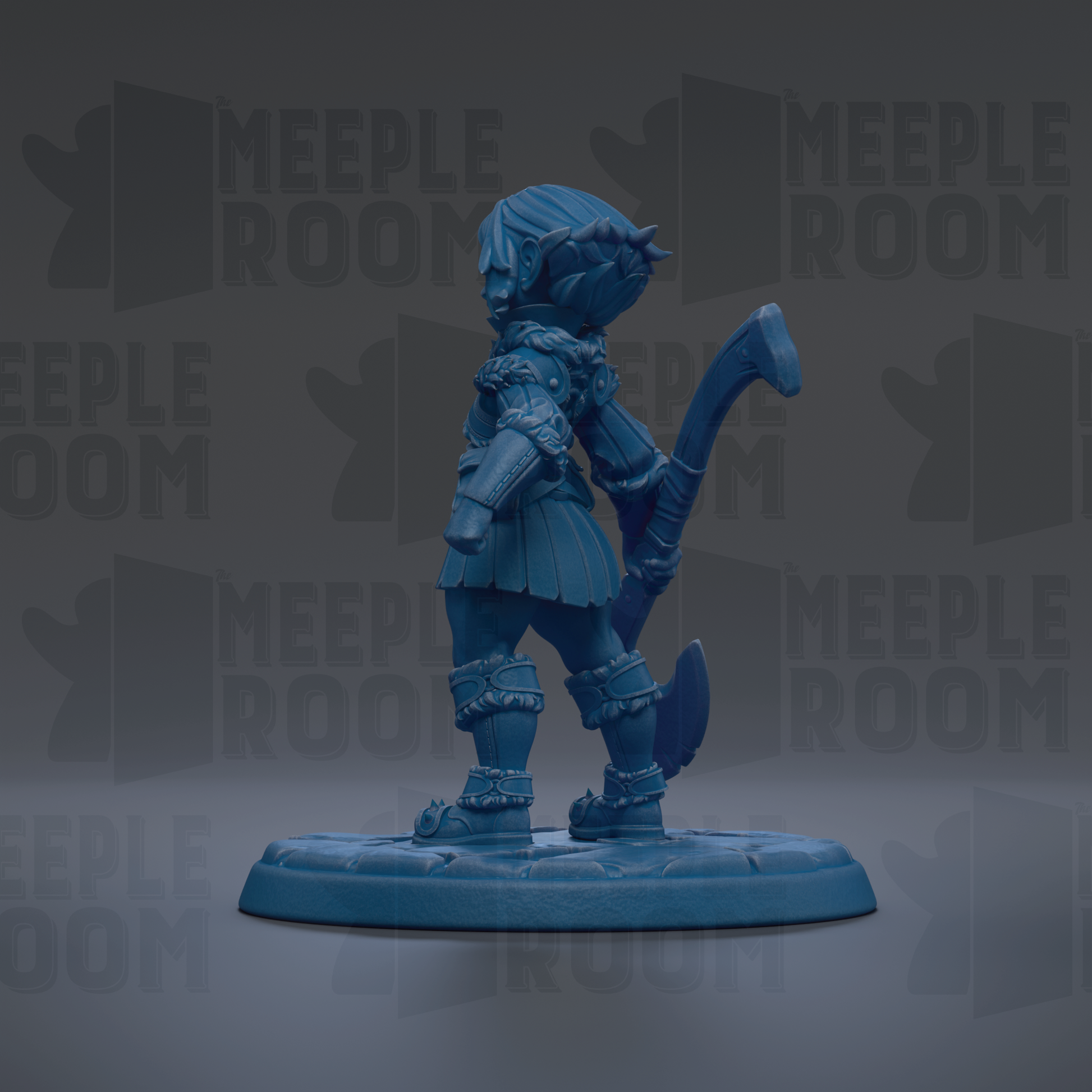 A blue figurine of a character with a sword and shield stands on a base against a dark background with repeated "MEIPLE ROOM" text.