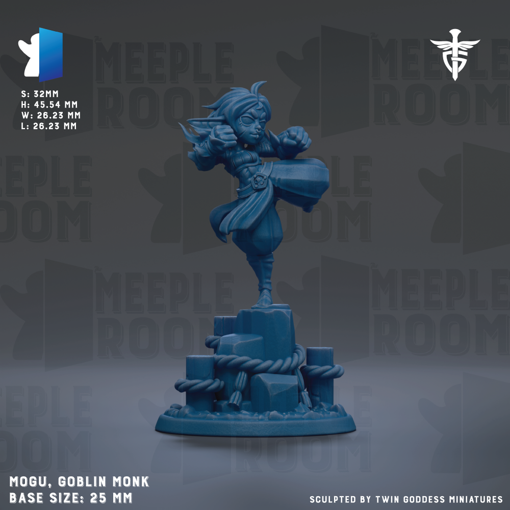 a blue figurine of a character, specifically a Hobbit Monk, with a base size of 25mm.