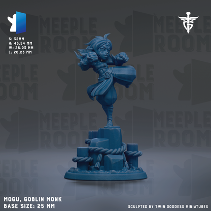 a blue figurine of a character, specifically a Hobbit Monk, with a base size of 25mm.