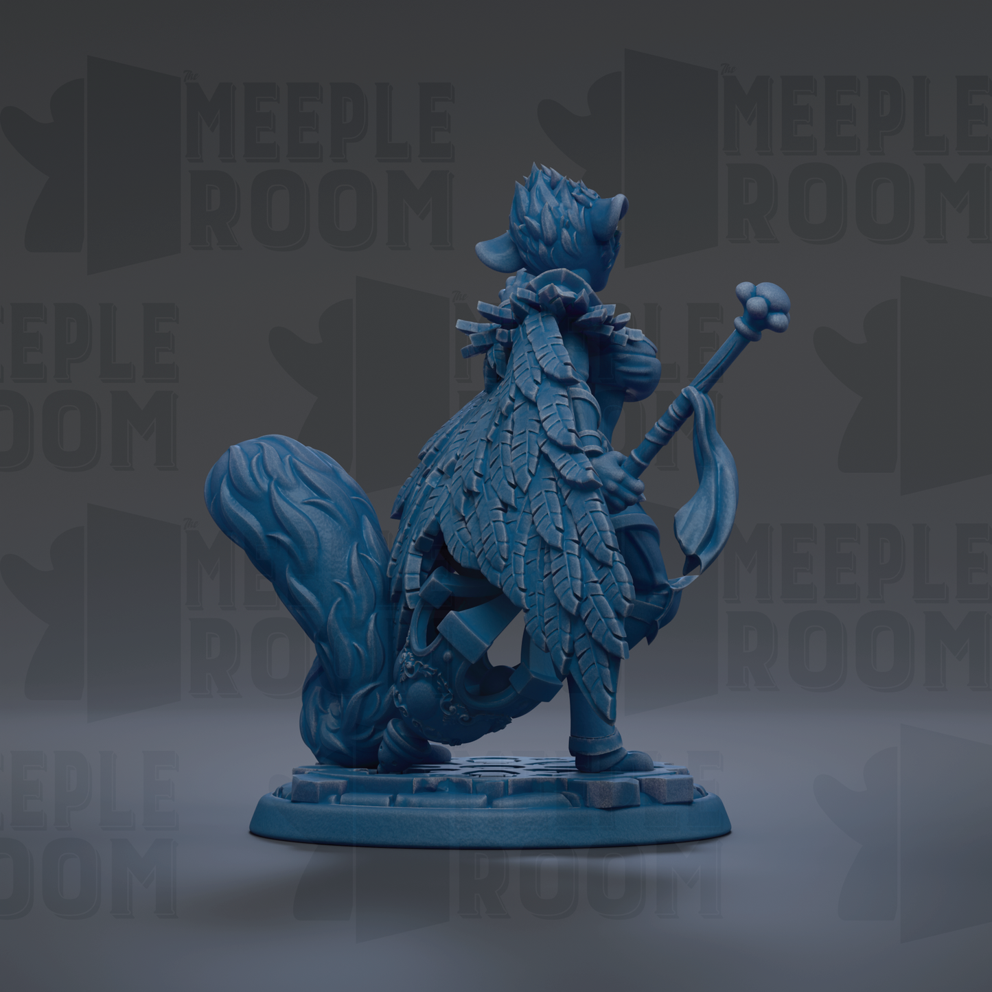 A blue figurine of a character with a large head and a long tail, holding a weapon and standing on a platform.