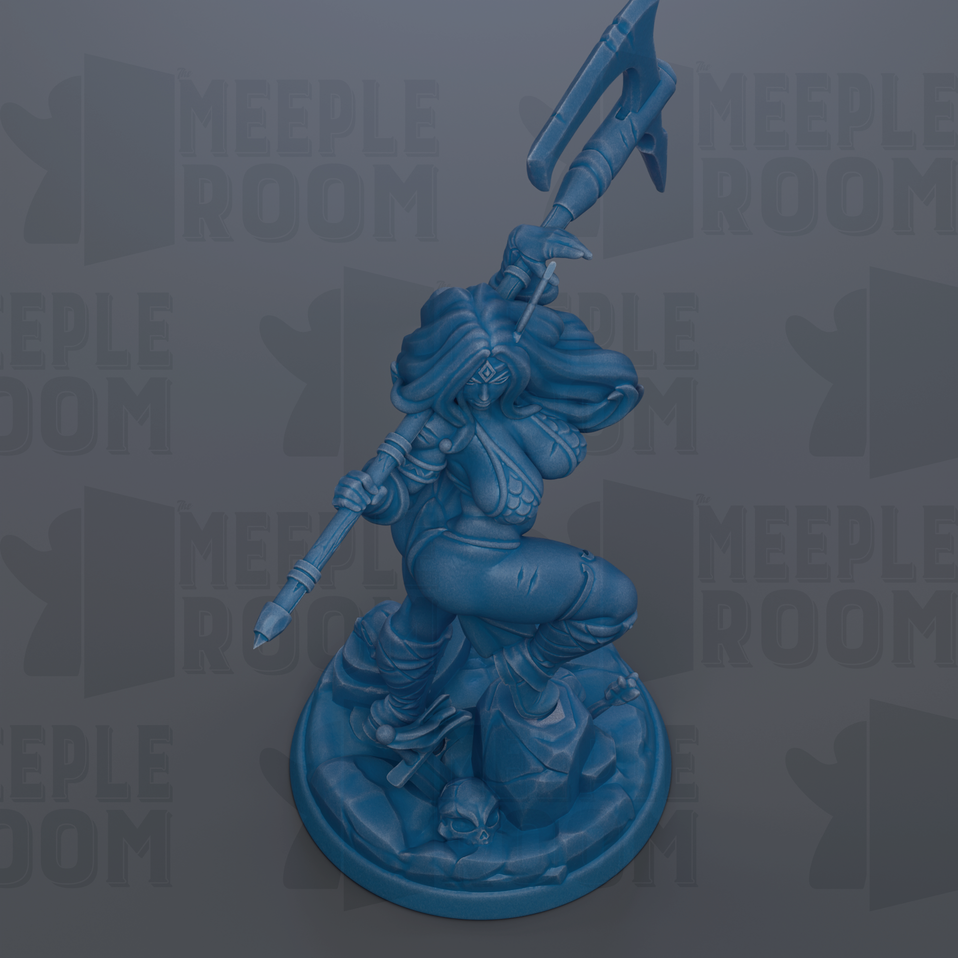 A blue figurine of a female character with a sword, standing on a base and holding a spear.