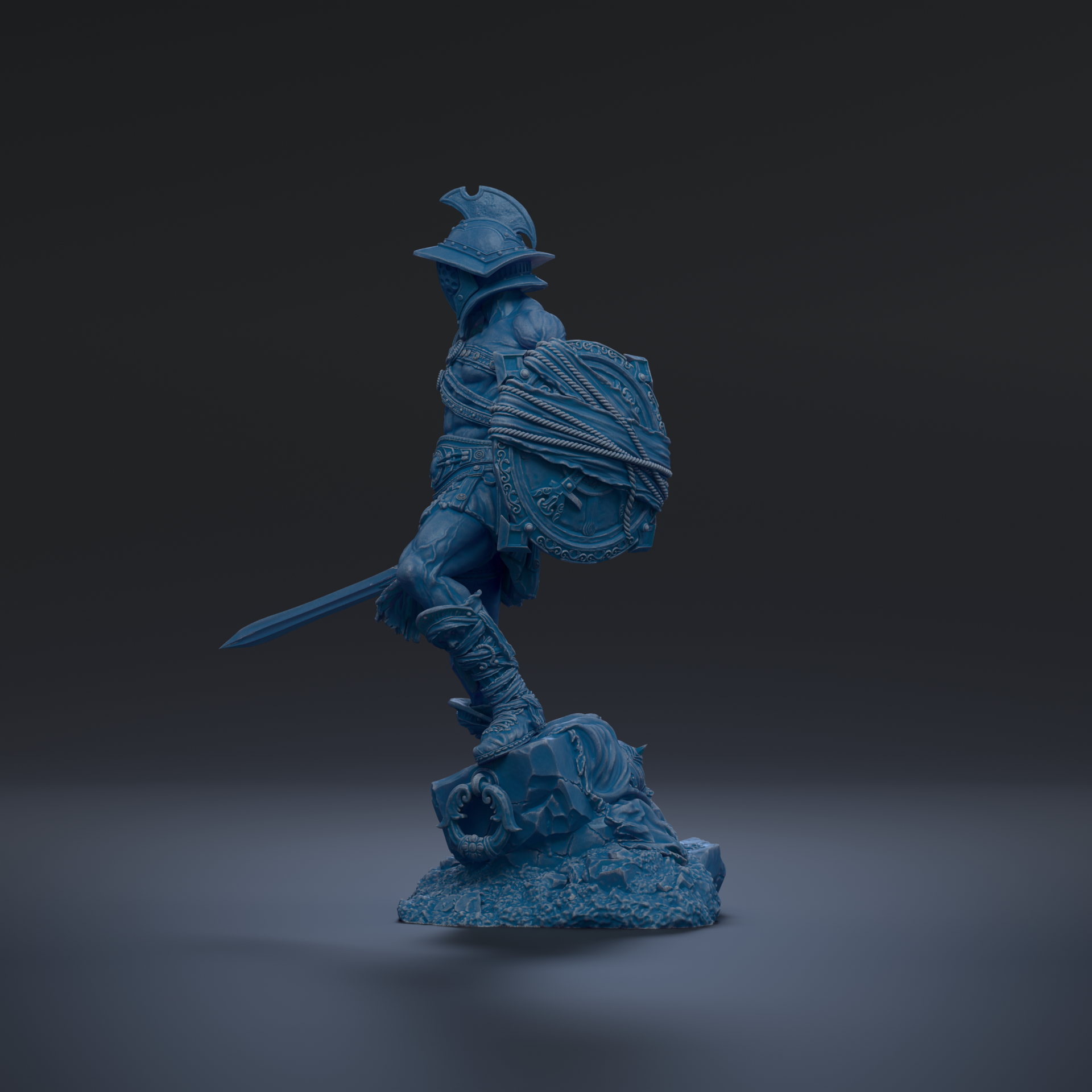 A blue statue of a warrior figure holding a shield and sword, standing on a rock formation against a dark background.