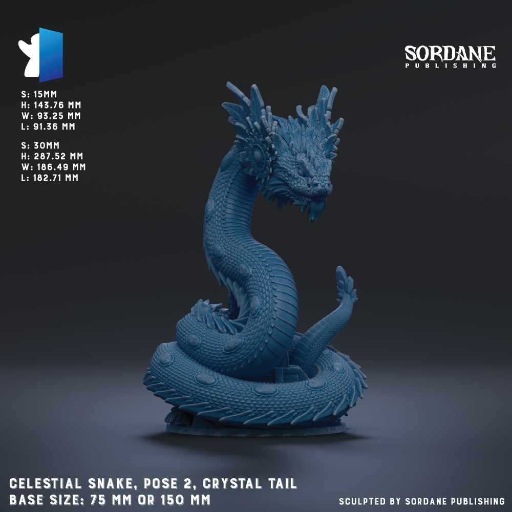 The image is a 3D rendering of a blue crystal snake, with the snake's body coiled and its head facing forward. The snake is posed in a way that suggests it is ready to strike. The image is described as a "celestial snake" and features a "cr Crystal Tail" design. The base size of the snake is 75 mm or 150 mm. The image is published by Sordane Publishing.