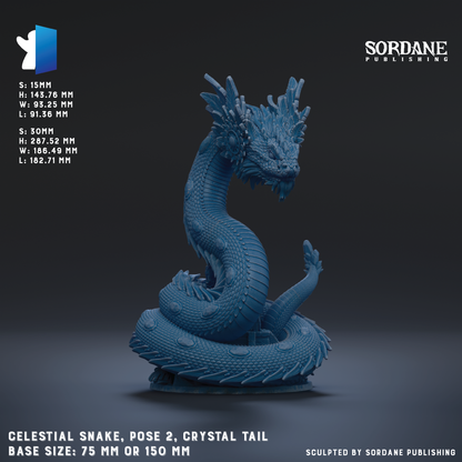 The image is a 3D rendering of a blue crystal snake, with the snake's body coiled and its head facing forward. The snake is posed in a way that suggests it is ready to strike. The image is described as a "celestial snake" and features a "cr Crystal Tail" design. The base size of the snake is 75 mm or 150 mm. The image is published by Sordane Publishing.