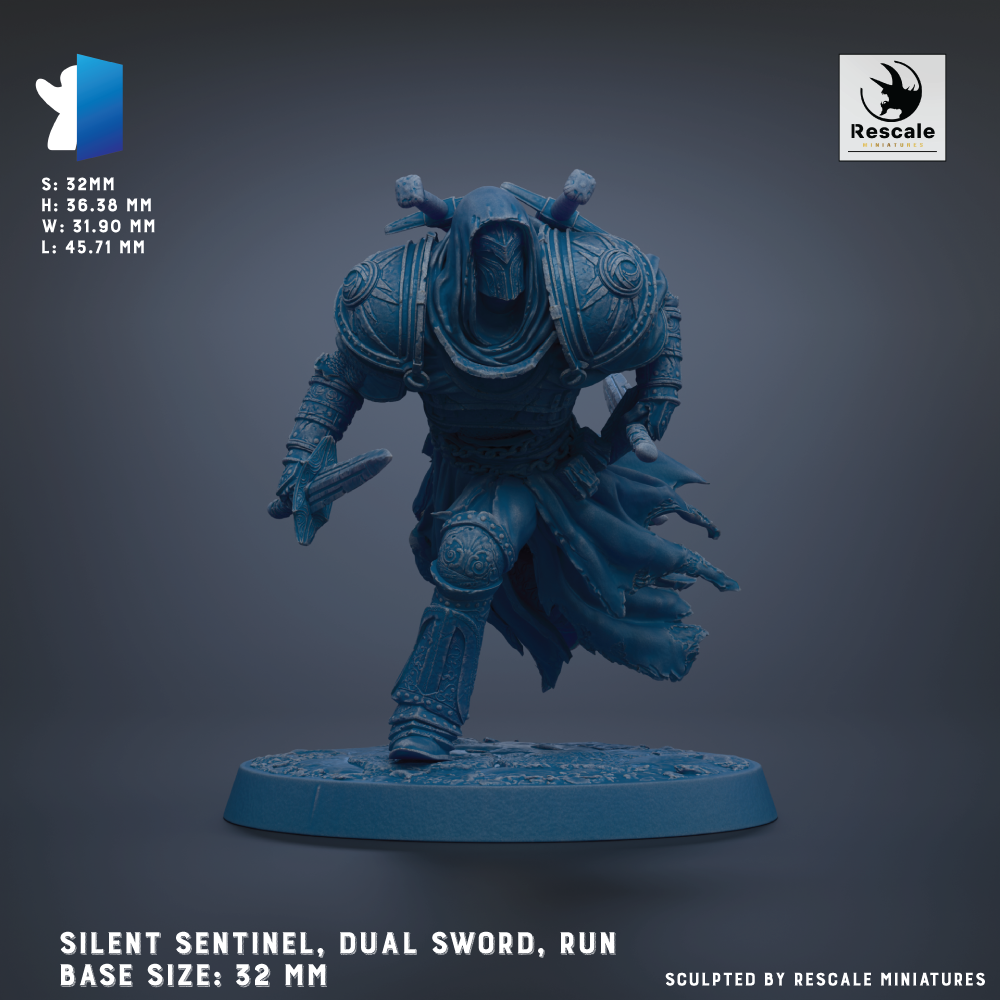A 3D model of a warrior figure, specifically a Silent Sentinel, Dual Sword, and Run, with the base sizes of 32 mm, 36 mm, and 51 mm.