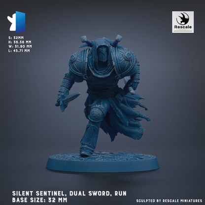 A 3D model of a warrior figure, specifically a Silent Sentinel, Dual Sword, and Run, with the base sizes of 32 mm, 36 mm, and 51 mm.