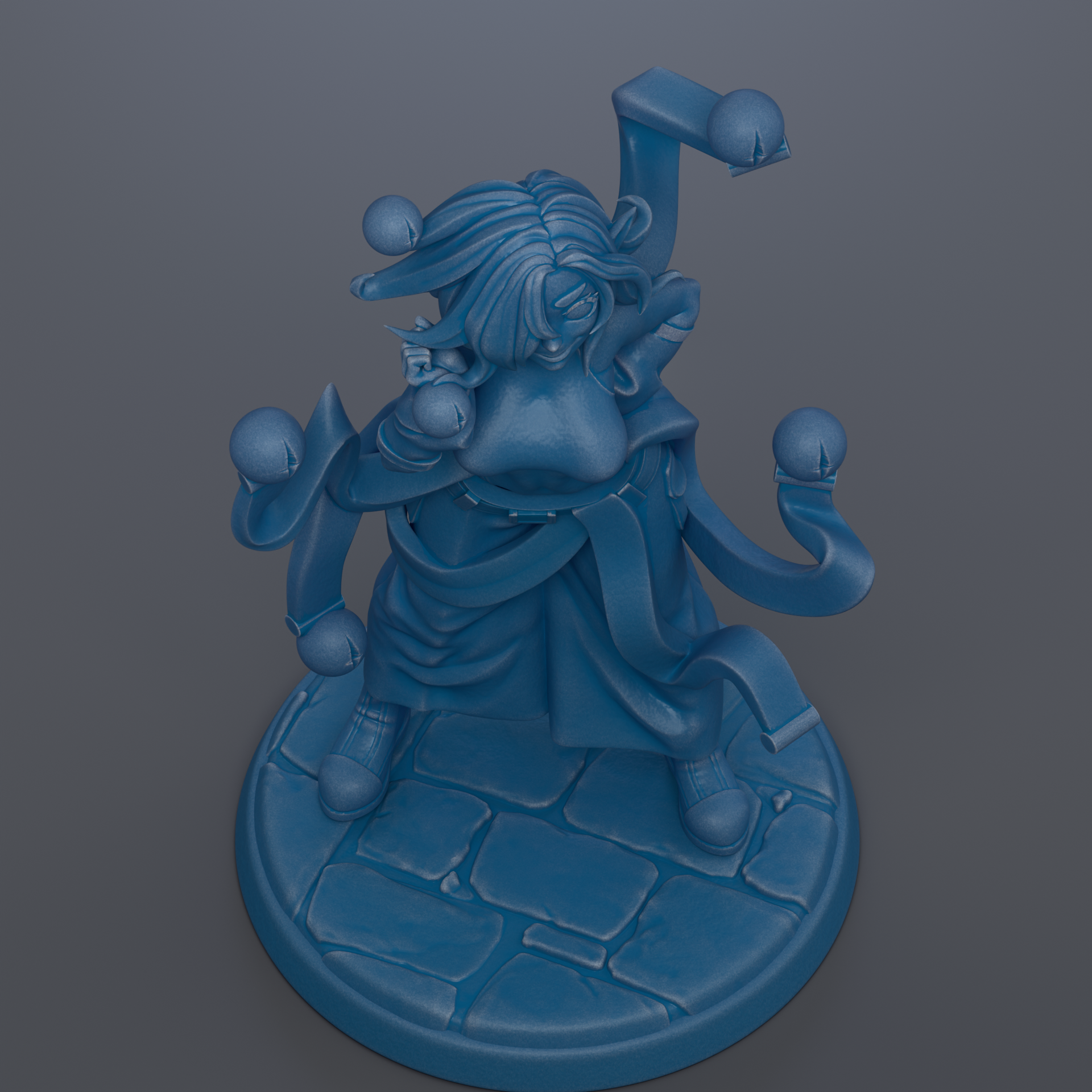 A blue, abstract sculpture with a stylized, distorted human figure.