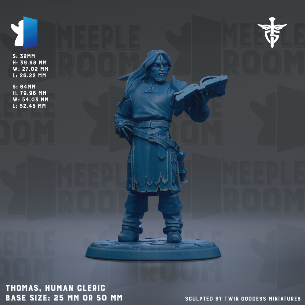 A figurine of a human wizard or magical being, likely a character from a fantasy or magical role-playing game. The figurine is described as having a blue or purple color and is standing on a base that is either 25mm or 50mm in diameter. The image is a collage of multiple images, and the base size is either 25mm or 50mm. The figurine is described as being a human wizard or magical being, and it is shown in a dynamic pose, holding a book or a staff.