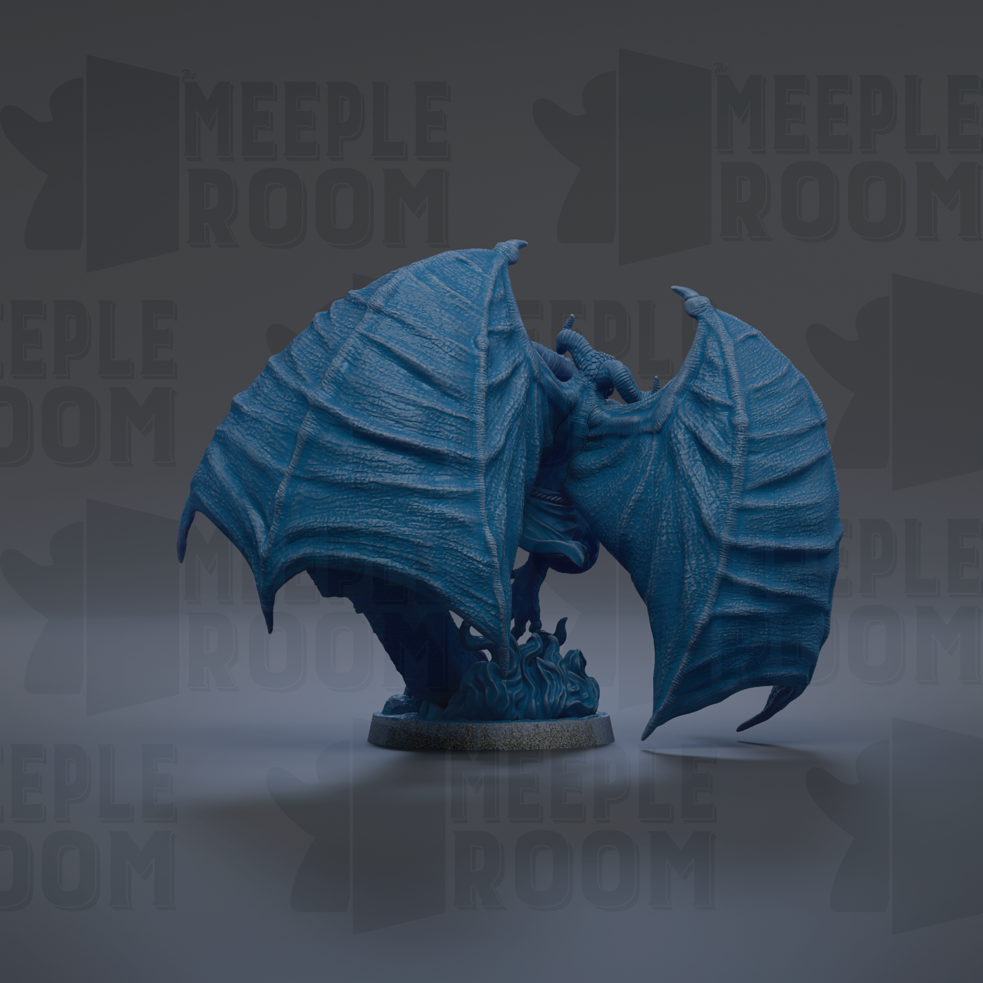 A 3D rendering of a blue bat-like creature with large wings, standing on a base.
