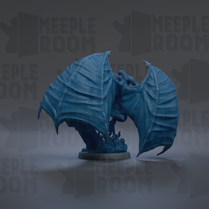 A 3D rendering of a blue bat-like creature with large wings, standing on a base.