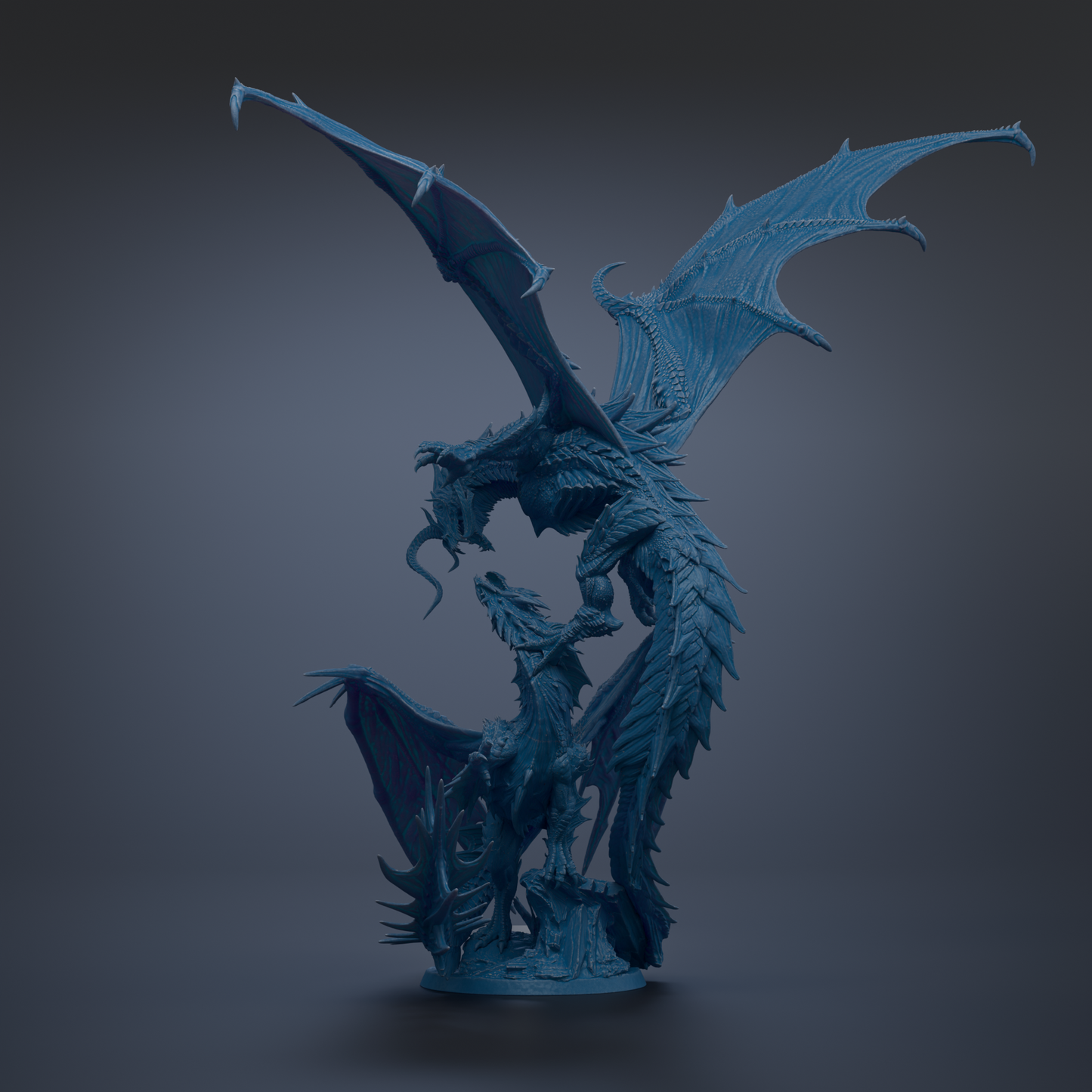 A detailed 3D rendering of a blue dragon statue with outstretched wings and a fierce expression, standing on a pedestal against a dark background.