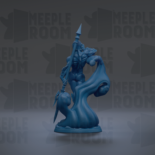 A blue figurine of a deity or mythological figure, holding a spear and standing on a wave-like base, against a dark background with repeated text.