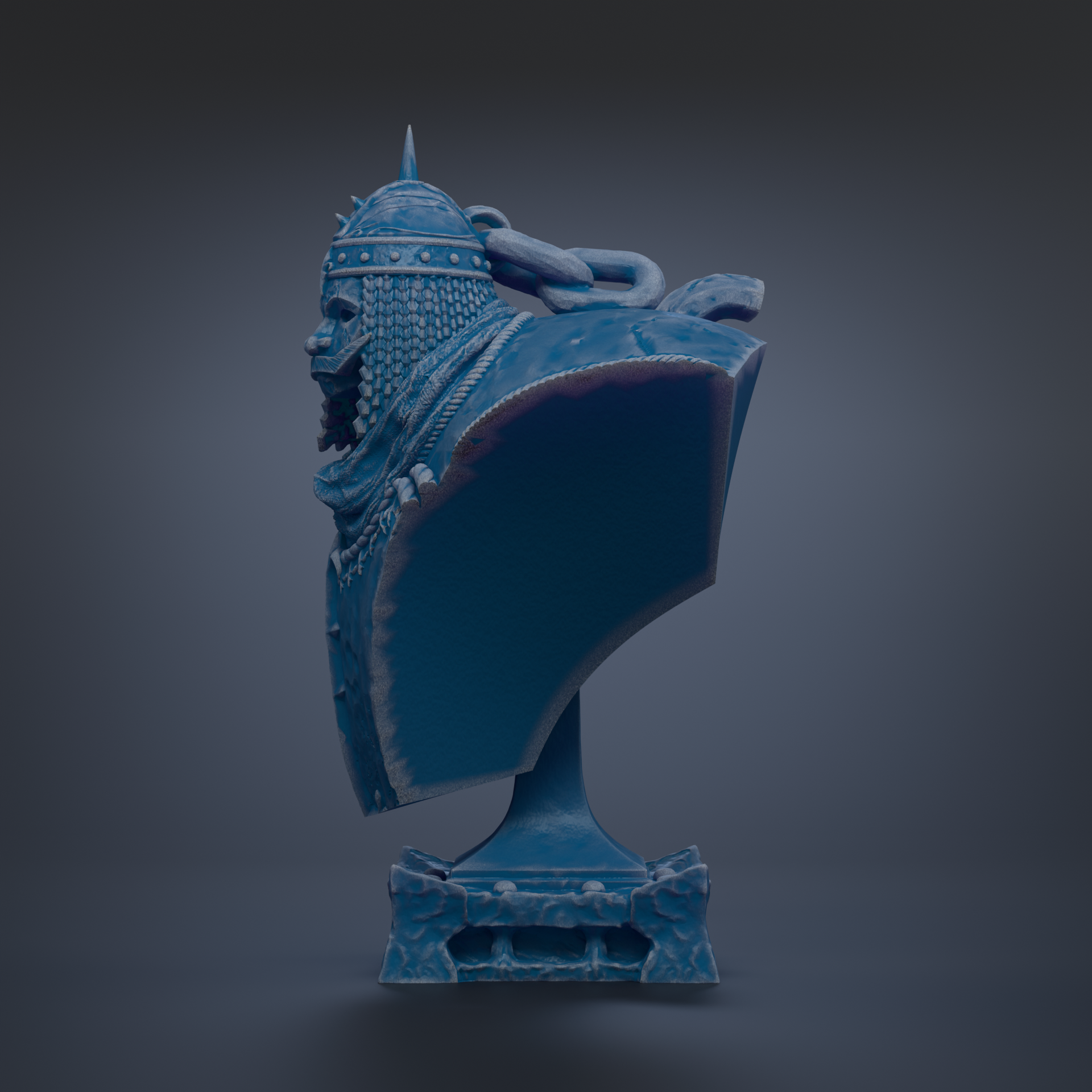 A blue bust sculpture with a spiky helmet and chain-like design, standing on a pedestal.