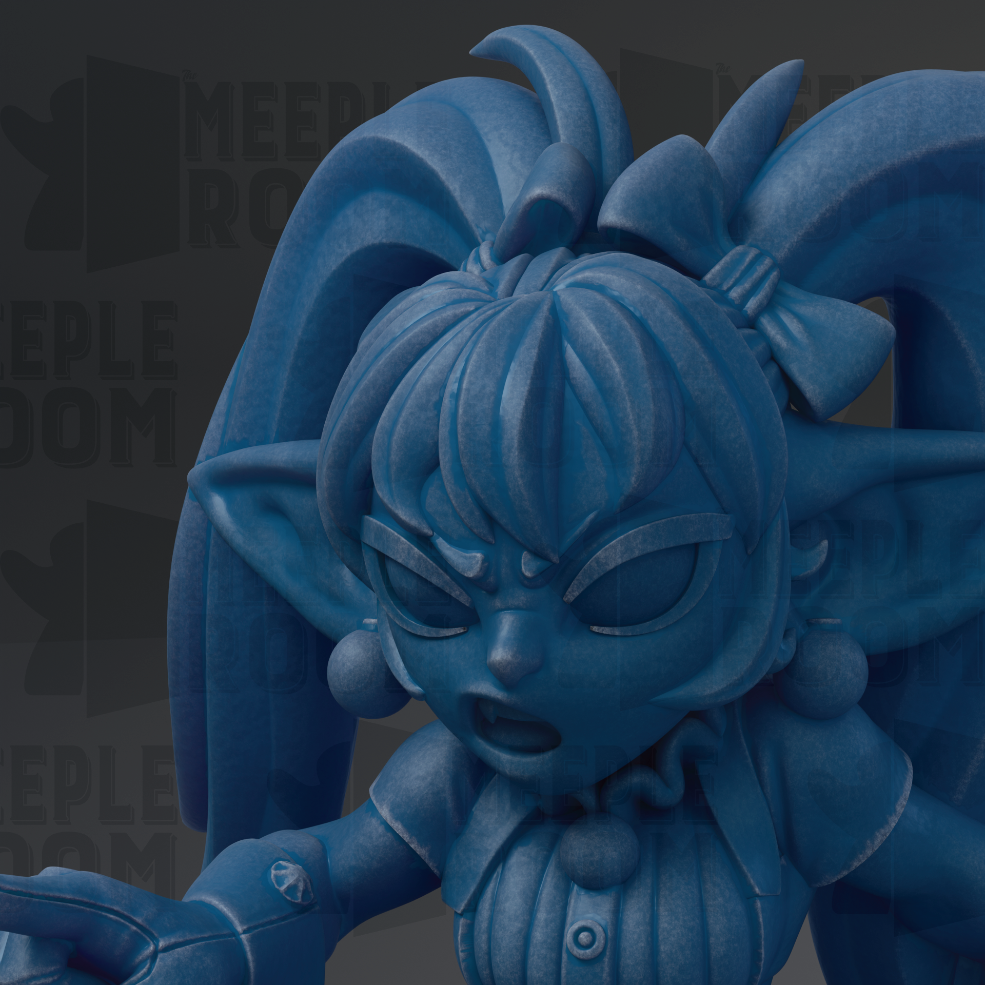 A close-up of a blue, cartoonish character with exaggerated features, such as large ears and a wide-open mouth, giving it a fierce expression.