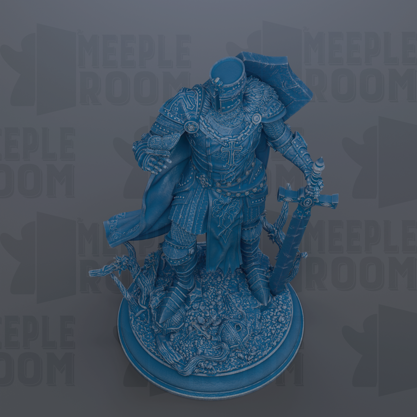 A detailed 3D rendering of a blue armored knight figure, standing on a base and holding a sword.