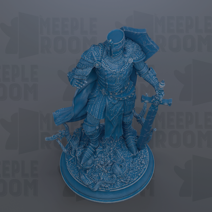 A detailed 3D rendering of a blue armored knight figure, standing on a base and holding a sword.