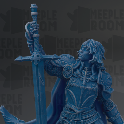 A blue statue of a person holding a sword and shield, with the text "MEEPLOO" visible in the background.