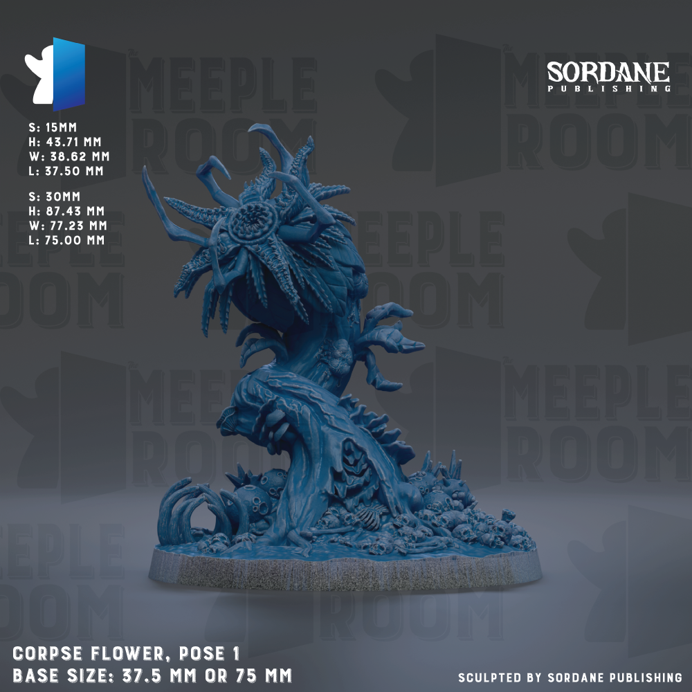 The image is a 3D rendering of a large, blue, organic-looking creature resembling a flower or plant. The creature has a long, curved body and appears to be in a dynamic pose, with its head and limbs spread out. The creature is set against a dark background, which emphasizes its size and intricate details. The image is described as a "CORPSE FLOWER, POSE 1" and is shown in various sizes, ranging from "5:15mm" to "75mm" and "1:55mm". The image is published by Sordane Publishing.