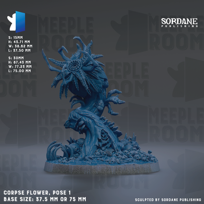 The image is a 3D rendering of a large, blue, organic-looking creature resembling a flower or plant. The creature has a long, curved body and appears to be in a dynamic pose, with its head and limbs spread out. The creature is set against a dark background, which emphasizes its size and intricate details. The image is described as a "CORPSE FLOWER, POSE 1" and is shown in various sizes, ranging from "5:15mm" to "75mm" and "1:55mm". The image is published by Sordane Publishing.