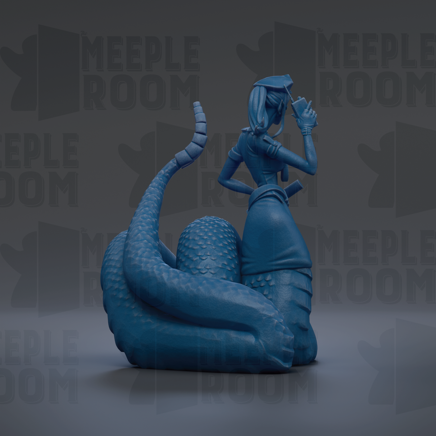 A blue, 3D-rendered figure of a woman with a snake-like body, standing on a gray surface.