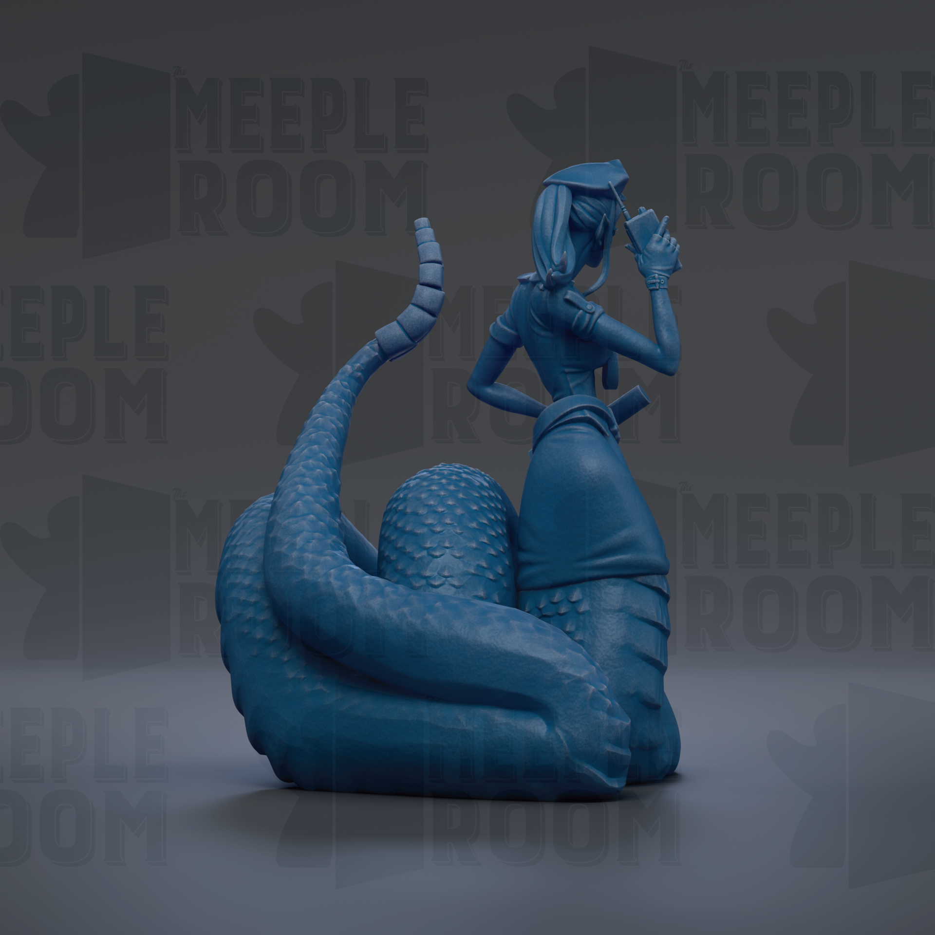 A blue, 3D-rendered figure of a woman with a snake-like body, standing on a gray surface.