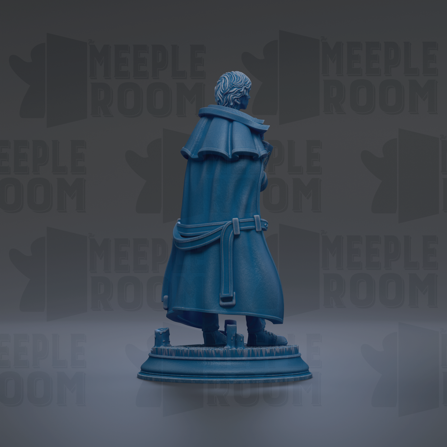 A blue statue of a person standing on a pedestal against a dark background with repeated text.