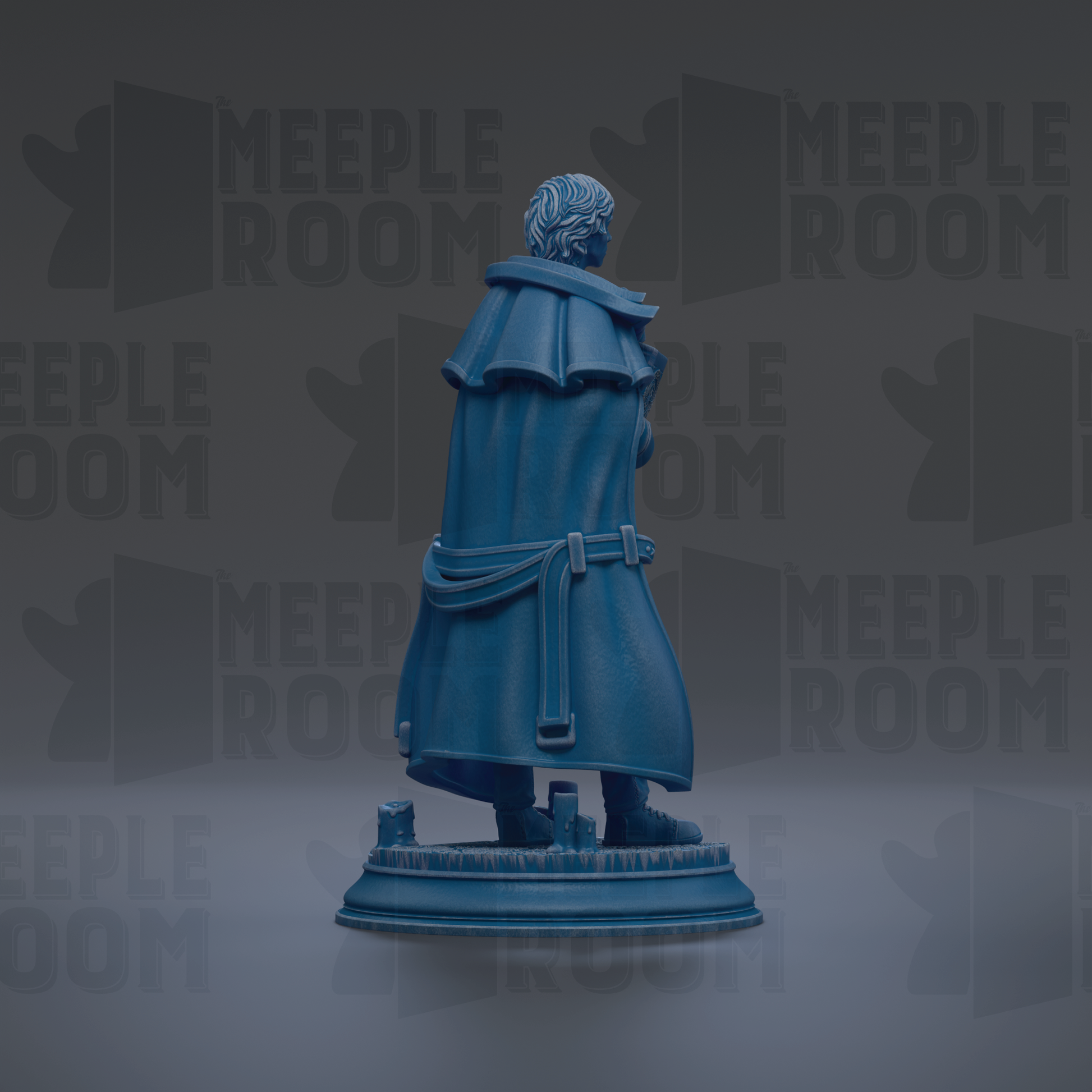 A blue statue of a person standing on a pedestal against a dark background with repeated text.
