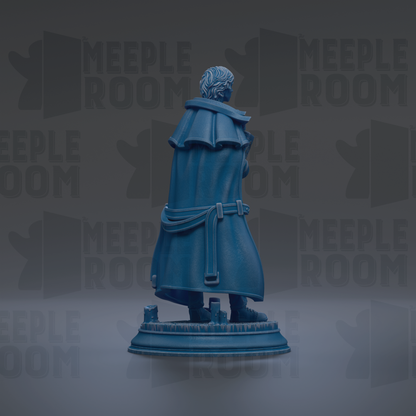 A blue statue of a person standing on a pedestal against a dark background with repeated text.