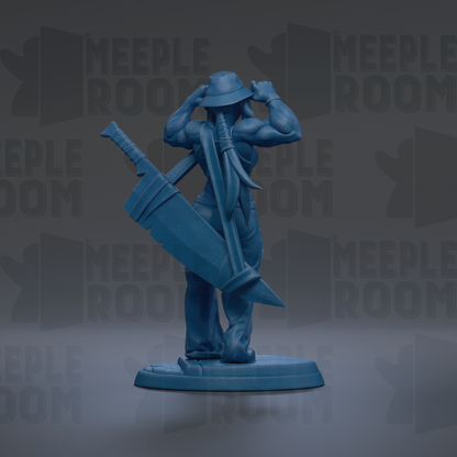 A blue figurine of a muscular man holding a large sword and shield, standing in a defensive stance.