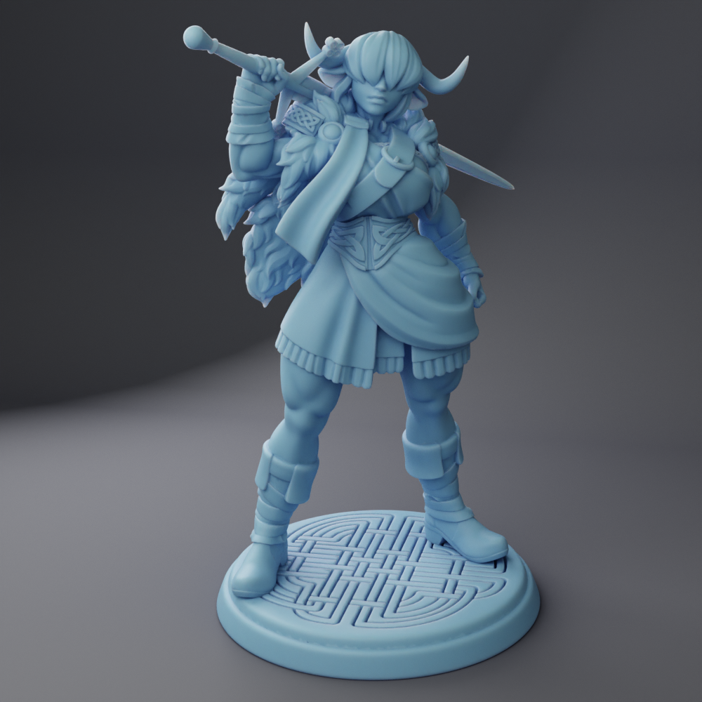 A 3D model of a female character with horns, holding a sword and a shield, standing on a platform with a circular design.