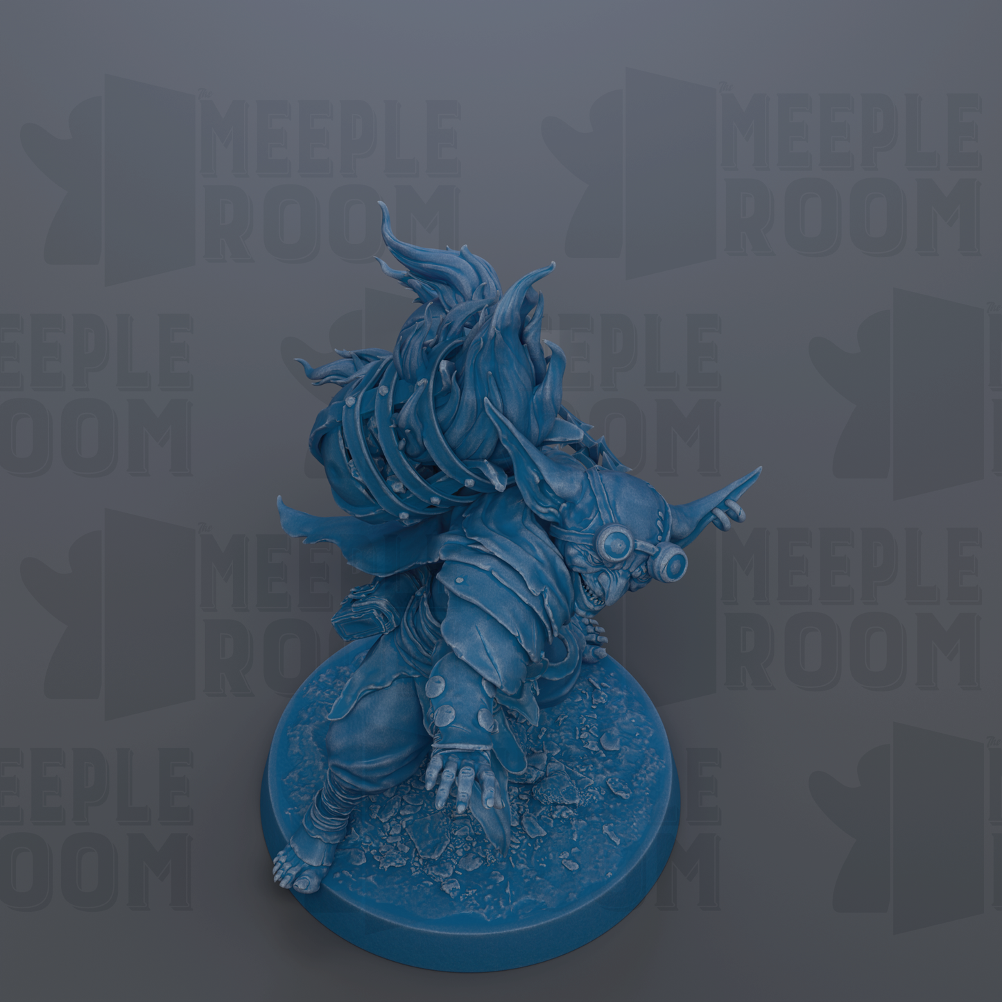 A blue figurine of a fantastical creature with intricate details and flowing hair, set against a dark background with repeated text.