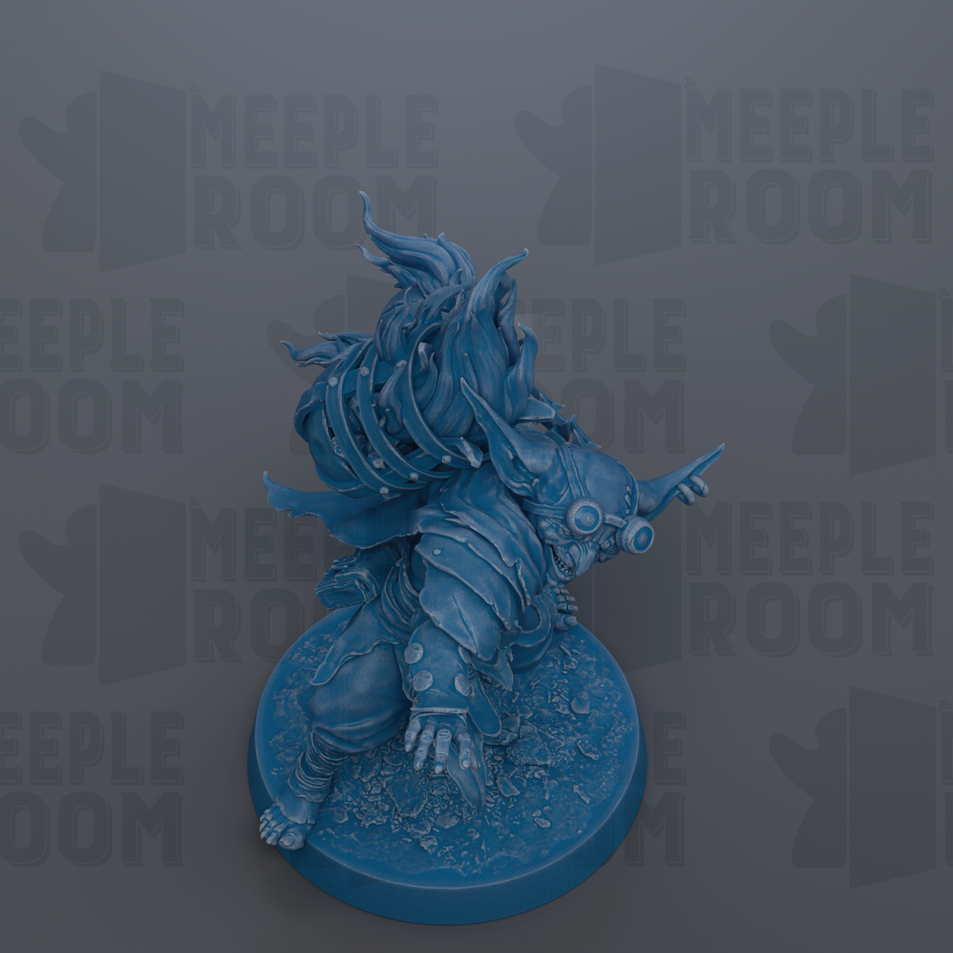 A blue figurine of a fantastical creature with intricate details and flowing hair, set against a dark background with repeated text.