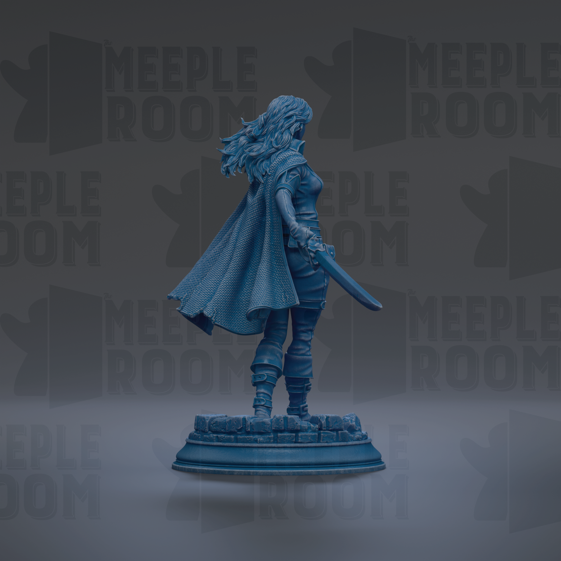 A blue statue of a woman with flowing hair and a cape, holding a sword, stands on a pedestal against a dark background with repeated "MEIPLLE ROOM" text.