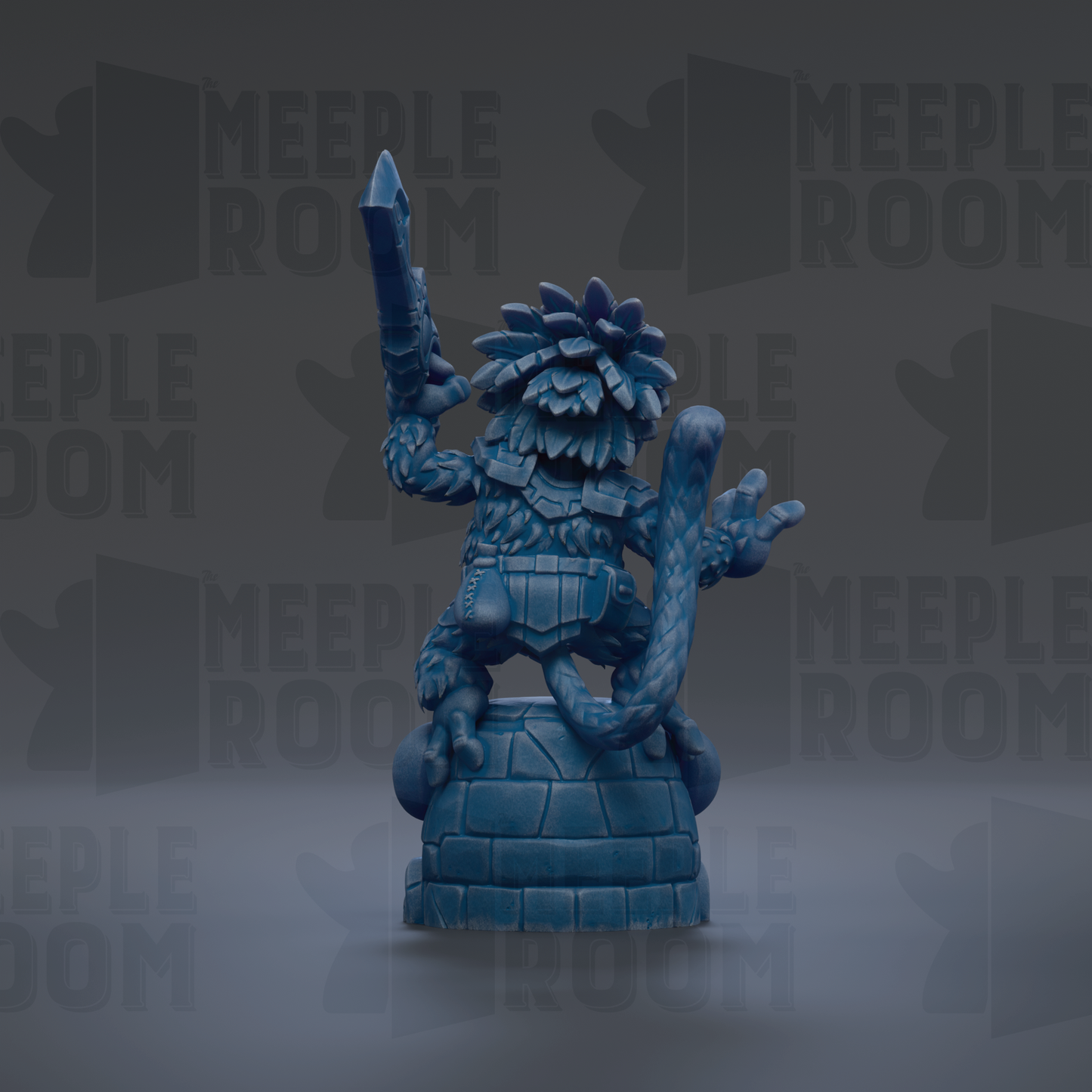 A blue, fantastical creature with a large head and long tail is depicted in the center of the image, holding a sword in its right hand.