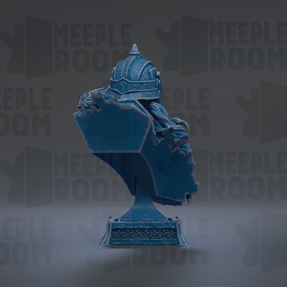 A blue bust of a person wearing a helmet, possibly a knight or warrior, is shown against a dark background with repeated text.