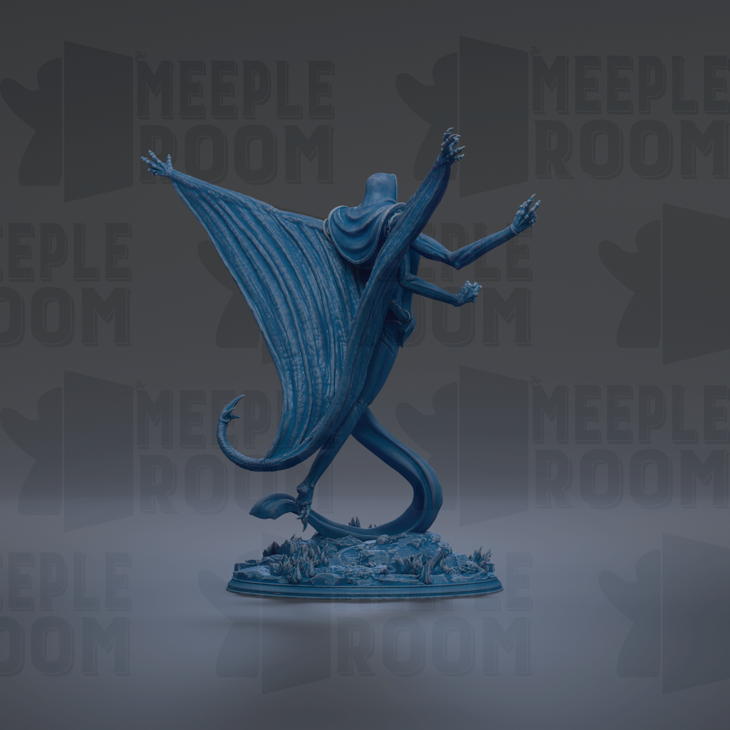 A blue statue of a winged figure with outstretched arms, standing on a base with a plant-like structure.