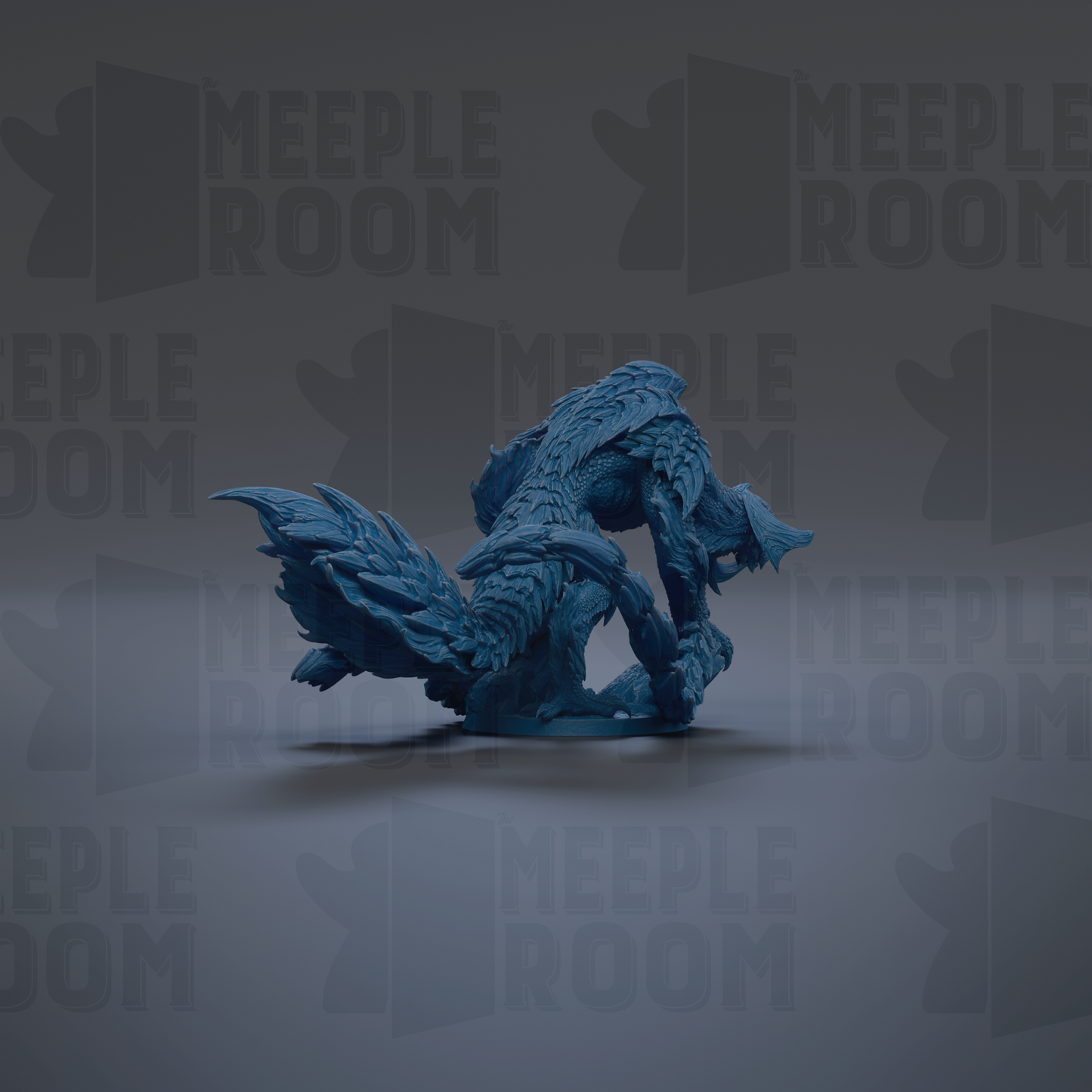 A blue, fantastical creature resembling a dragon or serpent is shown against a dark background with repeated text.