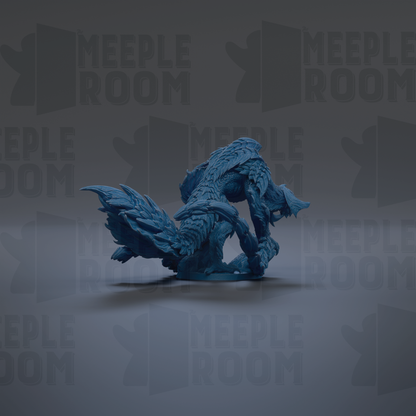 A blue, fantastical creature resembling a dragon or serpent is shown against a dark background with repeated text.