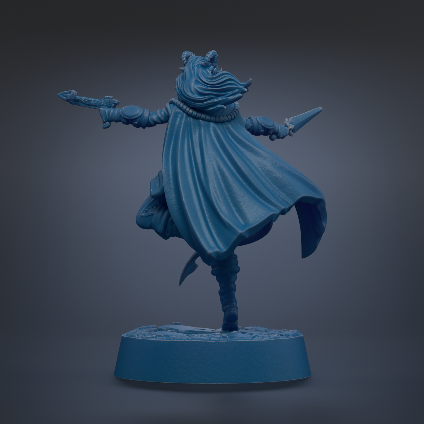 A blue figurine of a person with flowing hair and a cape, holding a sword in one hand and a shield in the other, standing on a blue base.