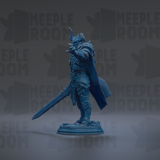 A blue armored knight figure stands in a dark setting, holding a sword and wearing a helmet with horns.