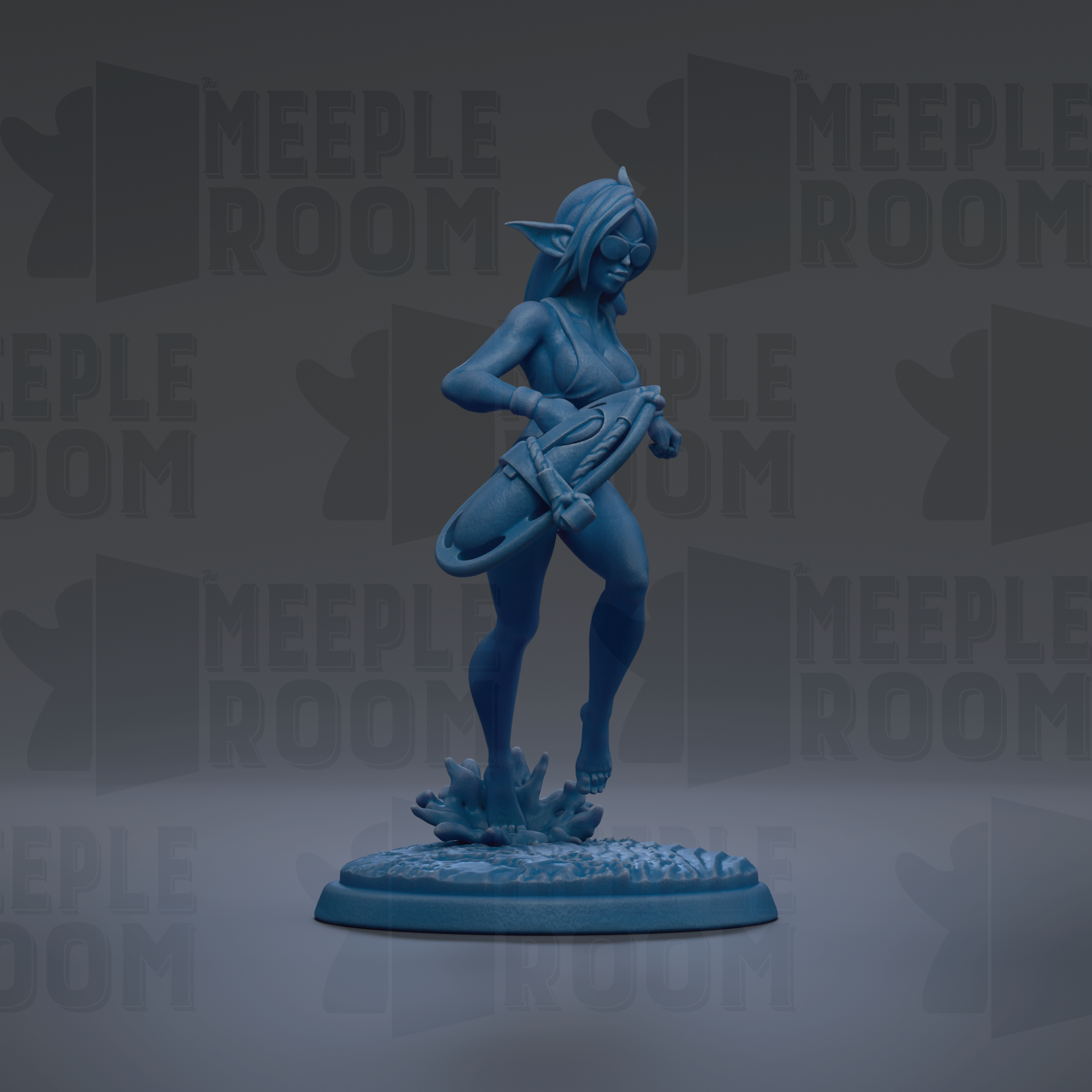 A blue figurine of a woman holding a weapon, standing on a base, against a dark background with repeated text.